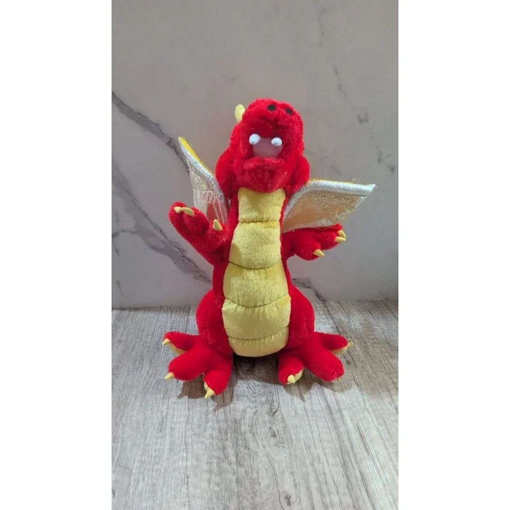 Vintage‎  Toy  Works Red Yellow Plush Dragon Toy Gold Wings 12  Stuffed Animal